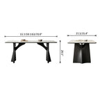 Front and end dimension diagram of the pale dining table with curved black supports.