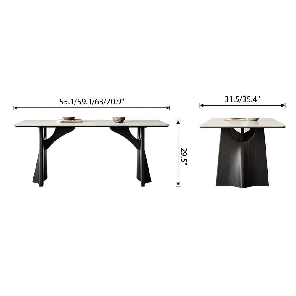 Front and end dimension diagram of the pale dining table with curved black supports.