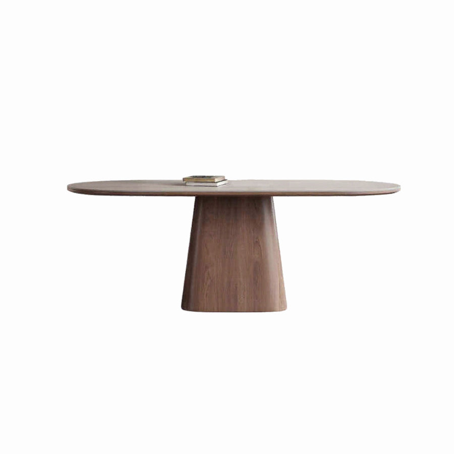 Oval pale-top dining table with a single broad tapered wood-tone pedestal on a white background.
