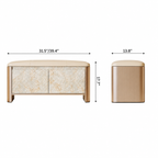 Front and side dimension diagram of the storage bench with a beige seat and pale beige patterned doors.