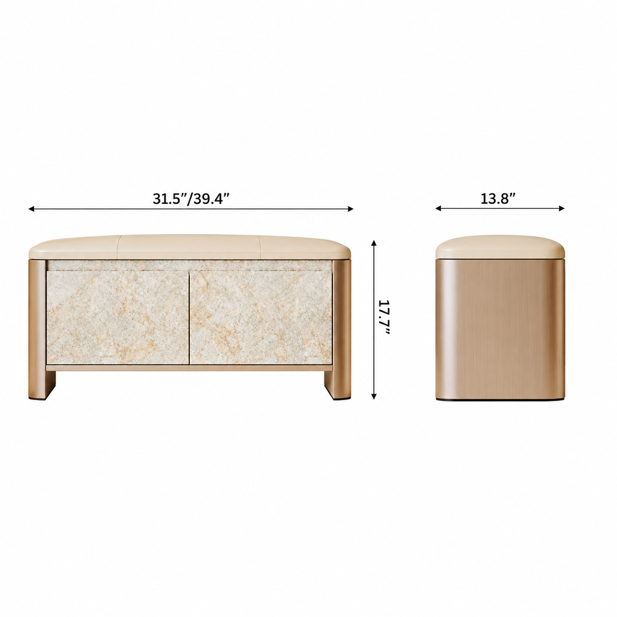Front and side dimension diagram of the storage bench with a beige seat and pale beige patterned doors.