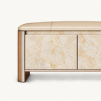 Front detail of the bench's two pale beige patterned doors and recessed base opening.