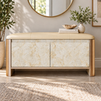Front view of the storage bench with pale beige patterned doors beneath a beige upholstered seat.