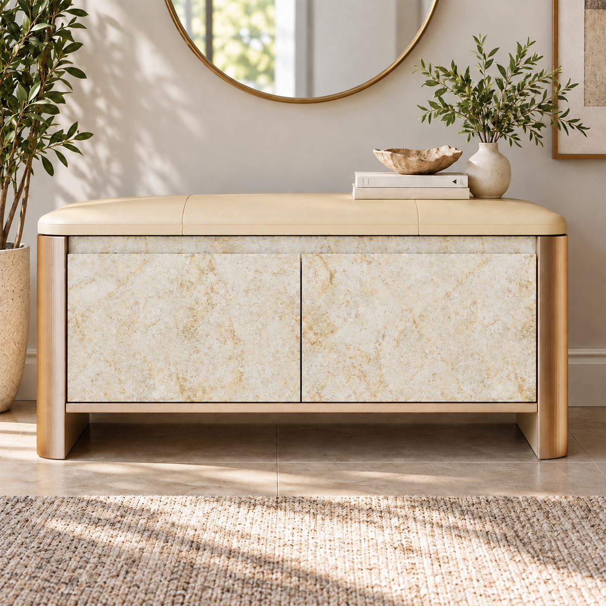 Front view of the storage bench with pale beige patterned doors beneath a beige upholstered seat.