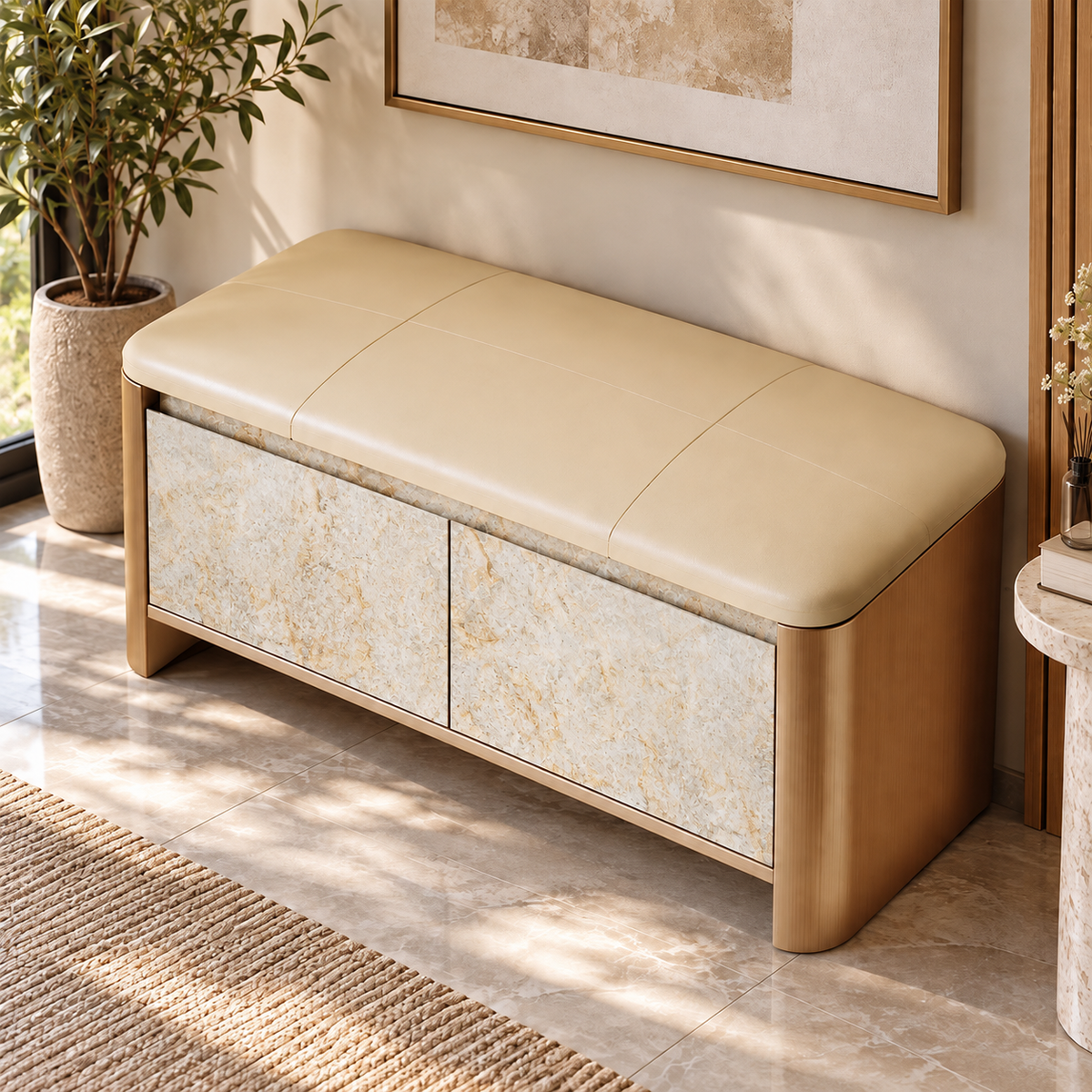 Angled overhead view of the beige padded bench seat above pale beige patterned cabinet doors.