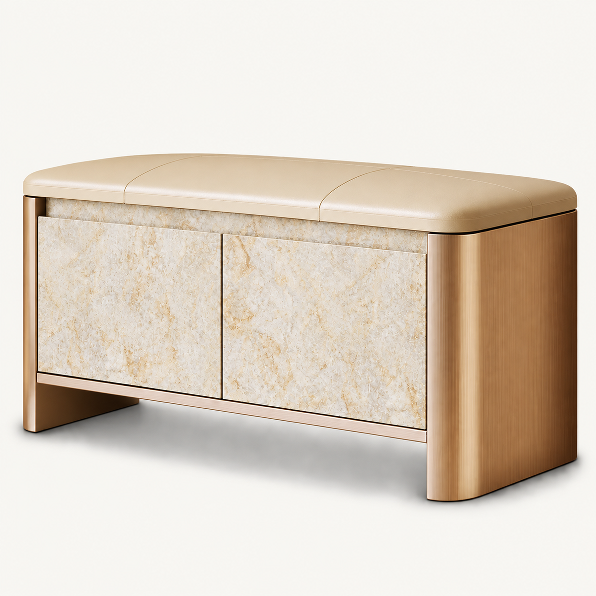 Beige upholstered storage bench with rounded gold-tone sides and two pale beige patterned cabinet doors.