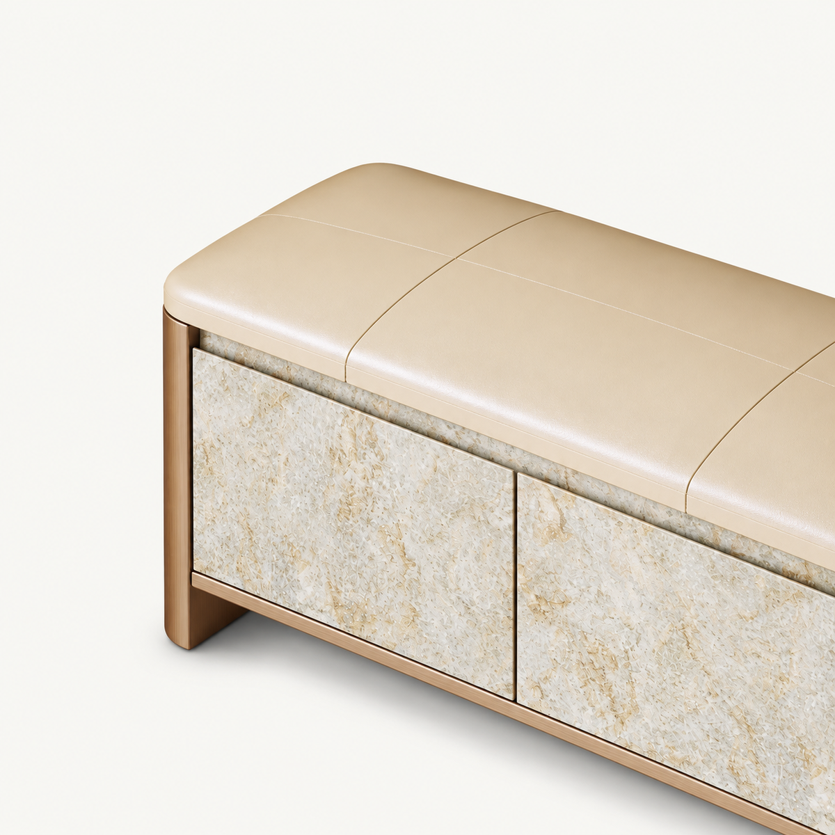Close-up of the bench's beige stitched cushion and pale beige patterned cabinet front.