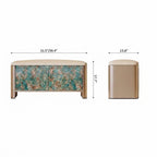Front and side dimension diagram of the storage bench with a beige seat and turquoise and brown patterned doors.