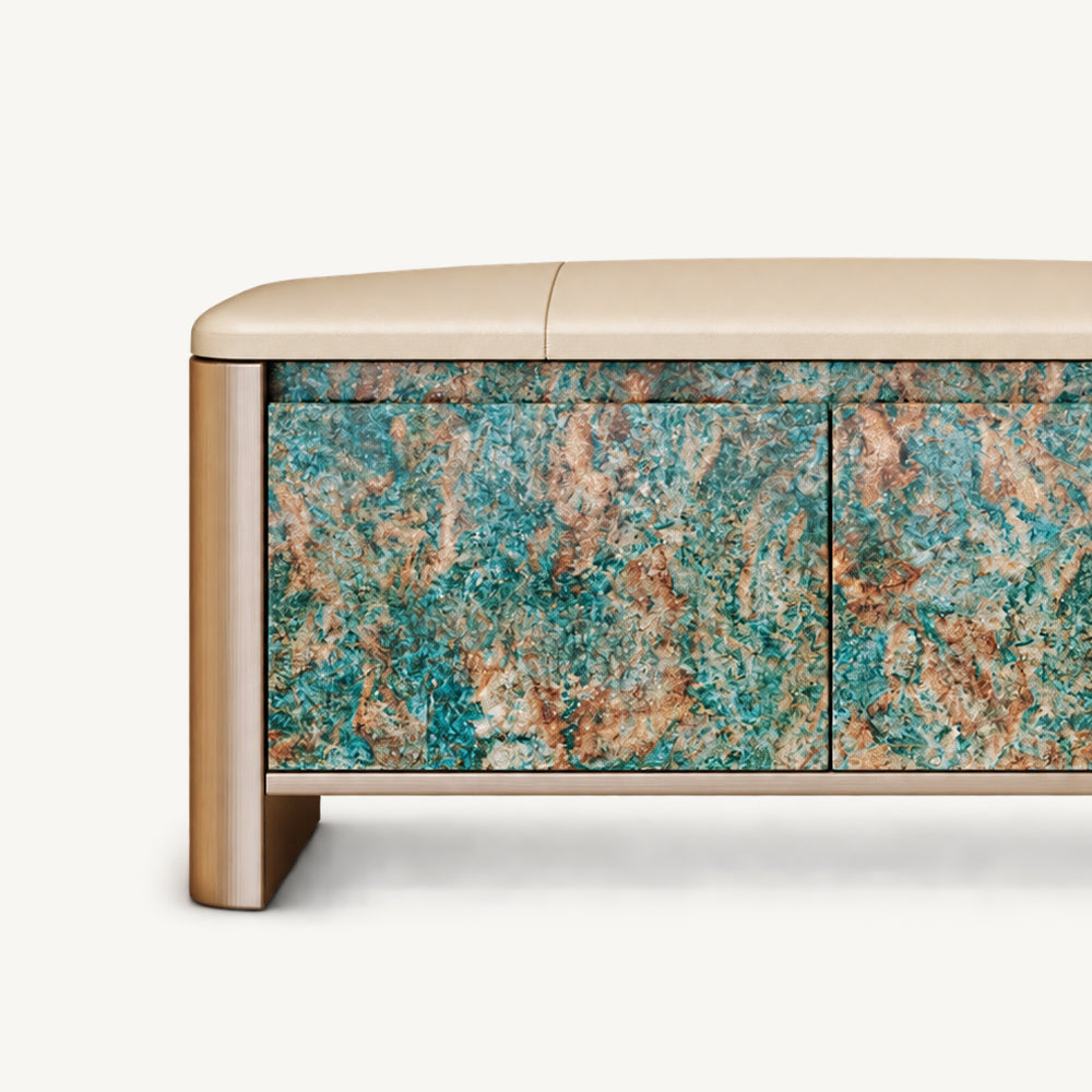 Front detail of the bench's two turquoise and brown patterned doors and recessed base opening.