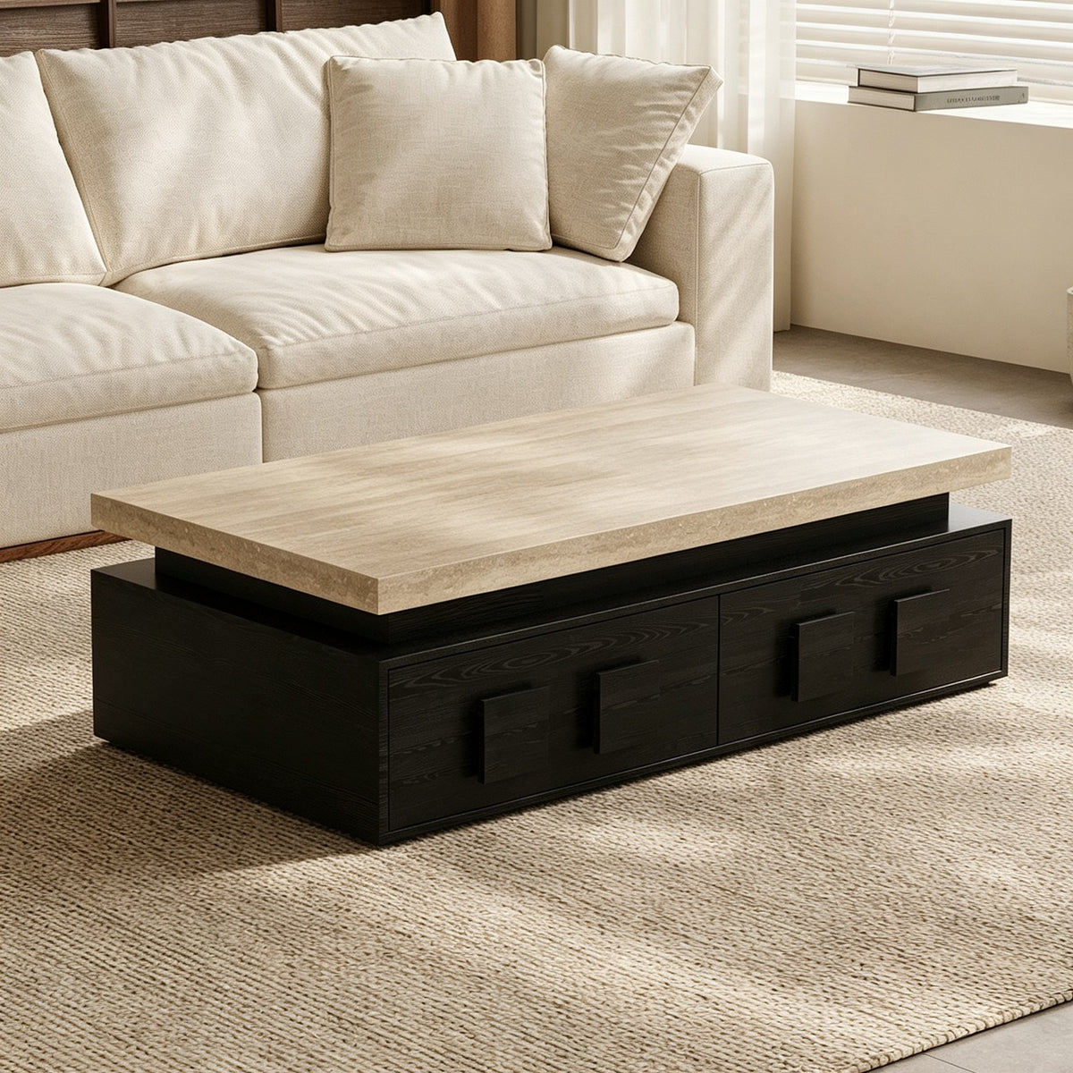 Black rectangular drawer coffee table with a pale top and block-shaped front handles.