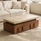 Brown rectangular drawer coffee table with a pale raised top and four block-shaped front handles.
