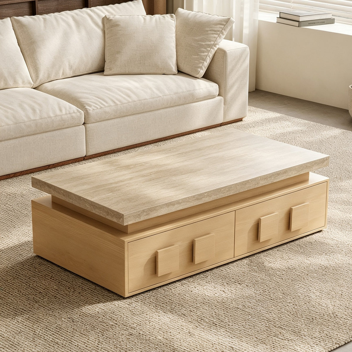 Light wood-tone rectangular drawer coffee table with a pale top and block-shaped handles.