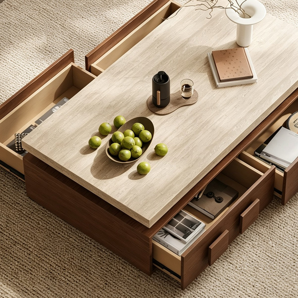 Overhead view of the coffee table with drawers open on both sides, showing divided storage.