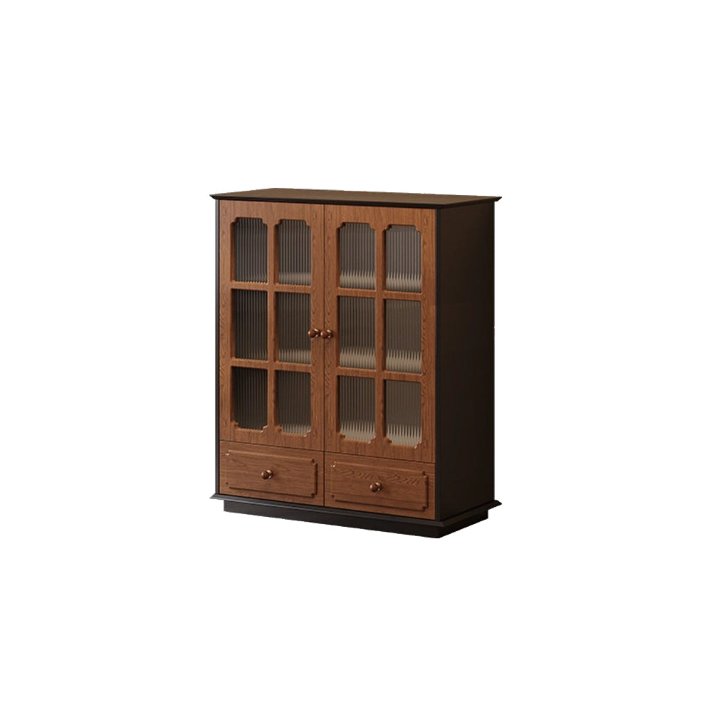 Shorter display cabinet with ribbed-glass double doors and two lower drawers on a white background.