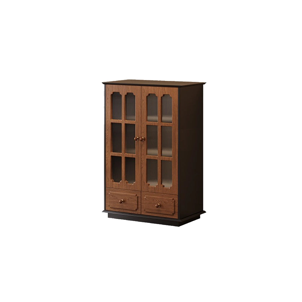 Shorter narrow display cabinet with ribbed-glass double doors, lower drawers and dark sides.