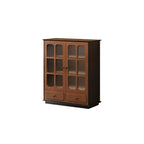 Wide shorter display cabinet with divided glass doors, wood-tone drawer fronts and dark sides.