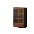 Tall wood-tone display cabinet with divided ribbed-glass doors, dark sides and lower drawers.
