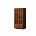 Tall narrow display cabinet with ribbed-glass double doors and two lower drawers.