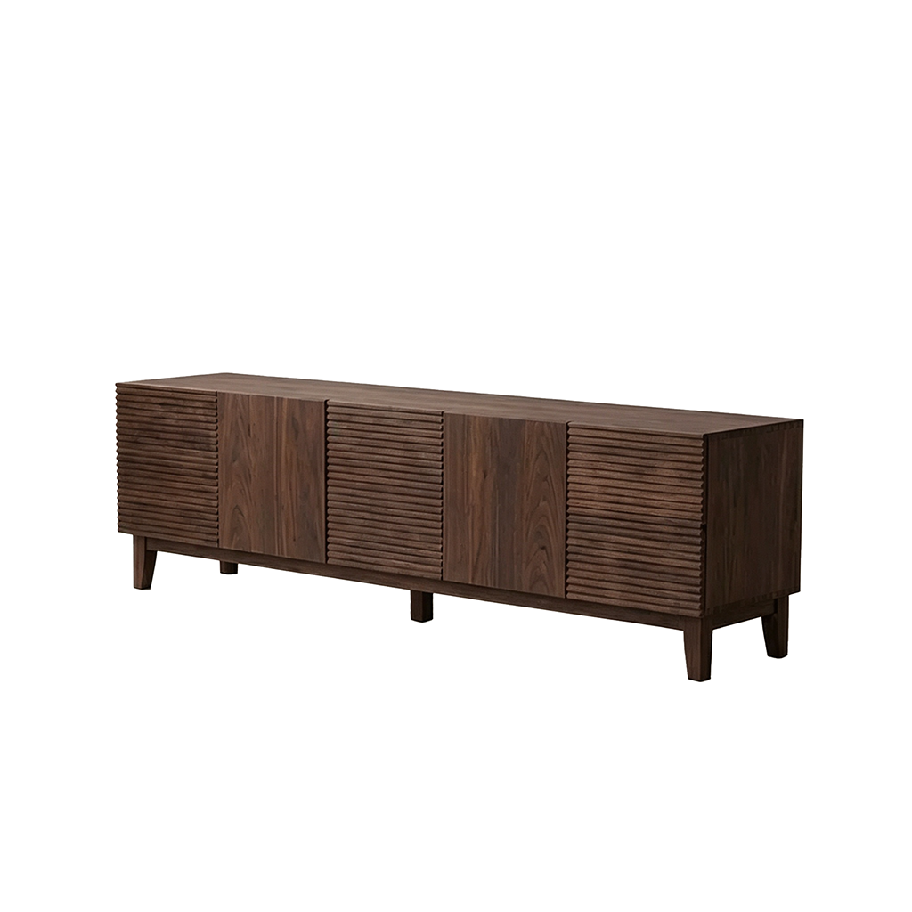 Dark brown version of the TV stand with alternating smooth and horizontally ribbed fronts.