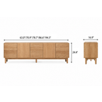 Front and side dimension diagram of the TV stand with smooth and ribbed storage fronts.