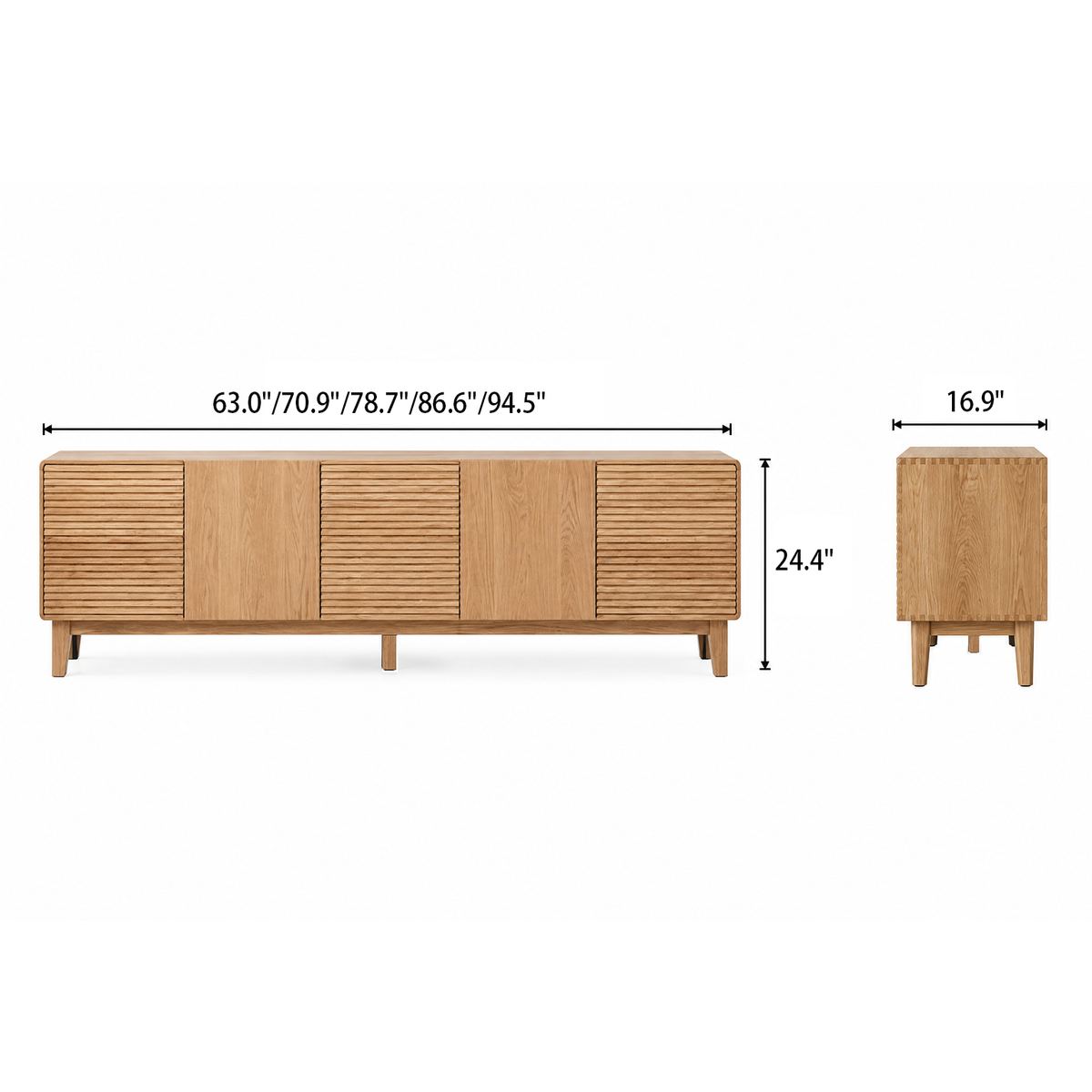Front and side dimension diagram of the TV stand with smooth and ribbed storage fronts.