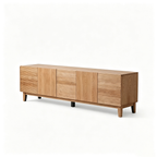 Light wood-tone TV stand with alternating smooth doors and ribbed fronts on short legs.