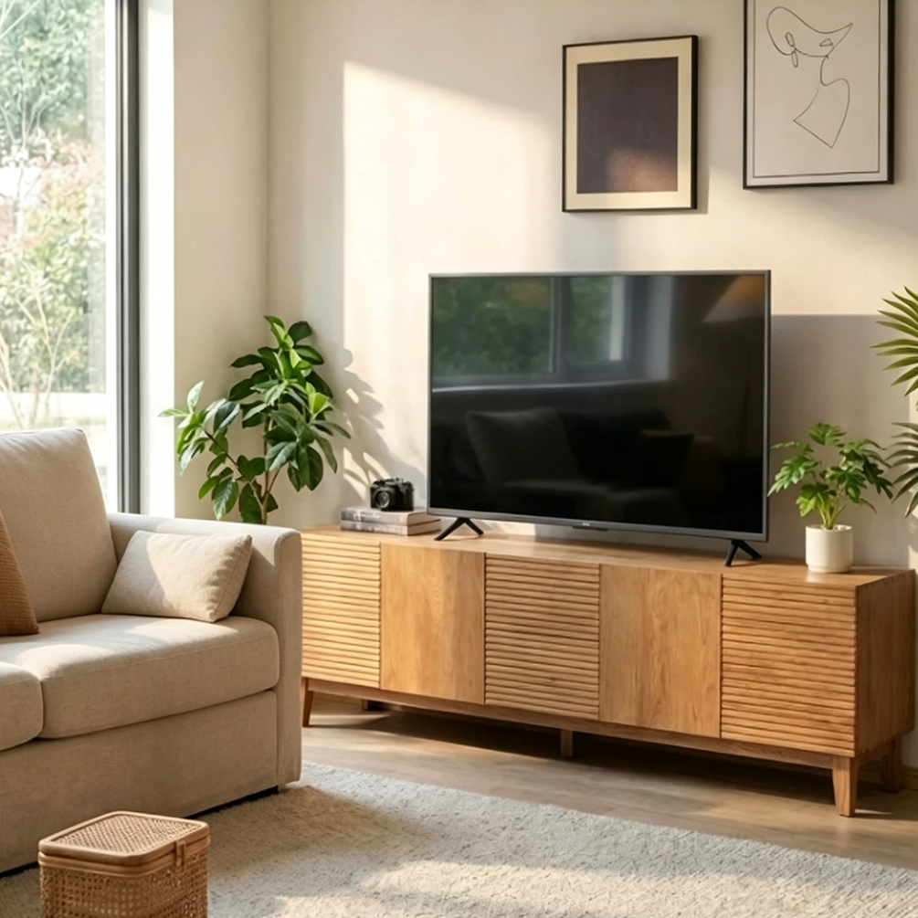 Angled living room view of the light wood-tone TV stand with ribbed fronts and short tapered legs.