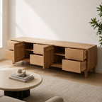 TV stand with cabinet doors and drawers open to show shelves and storage interiors.
