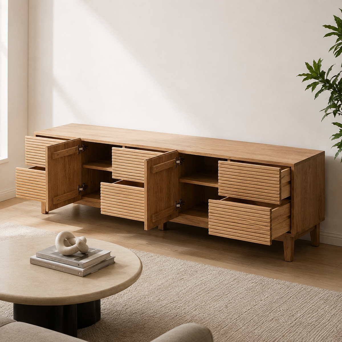 TV stand with cabinet doors and drawers open to show shelves and storage interiors.