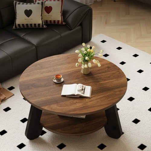 Round coffee table with a brown top, matching lower shelf and angled black legs, viewed from above.