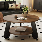 Front room view of the brown round coffee table with a circular lower storage shelf and black legs.