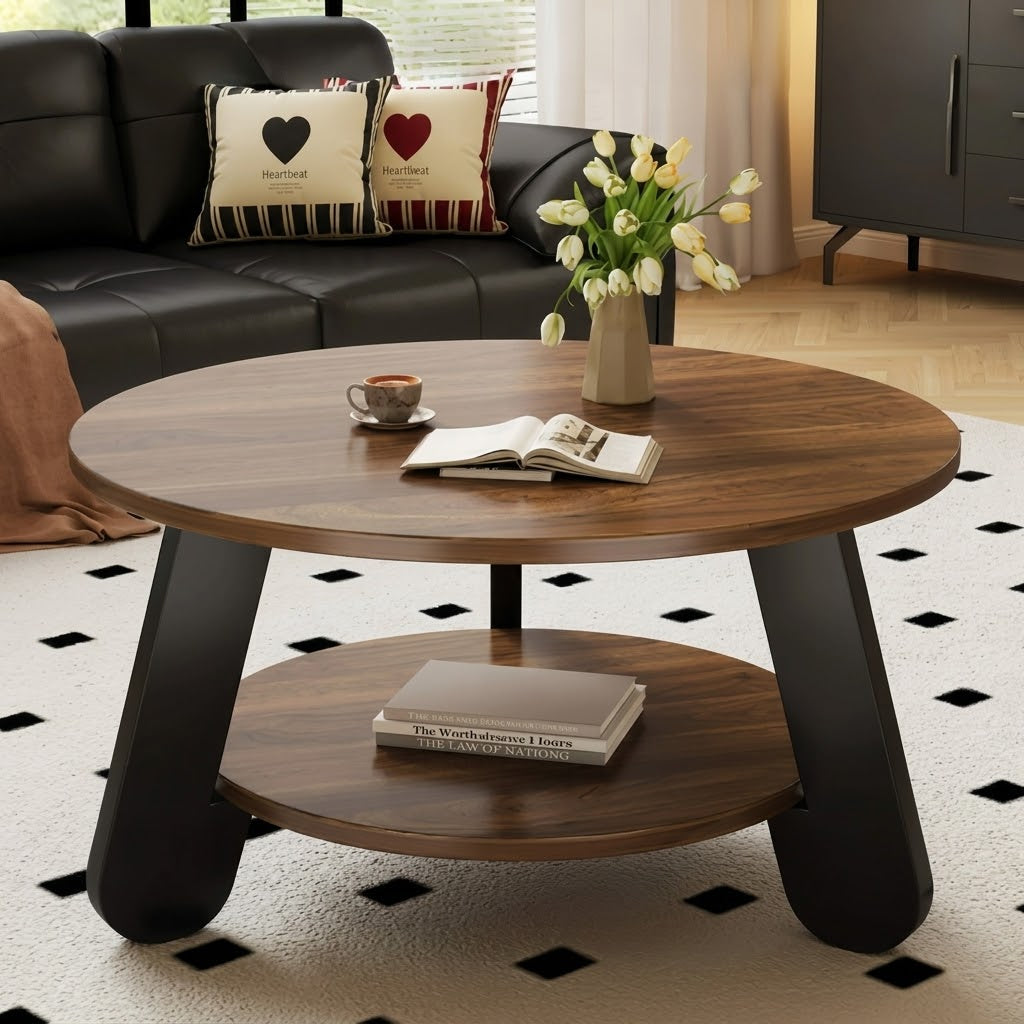 Front room view of the brown round coffee table with a circular lower storage shelf and black legs.