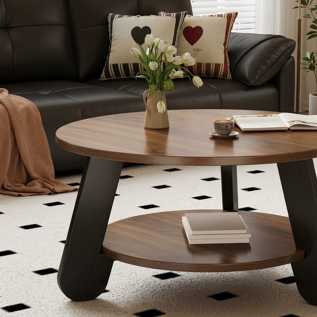 Close-up of the round coffee table's brown lower shelf and angled black support legs.