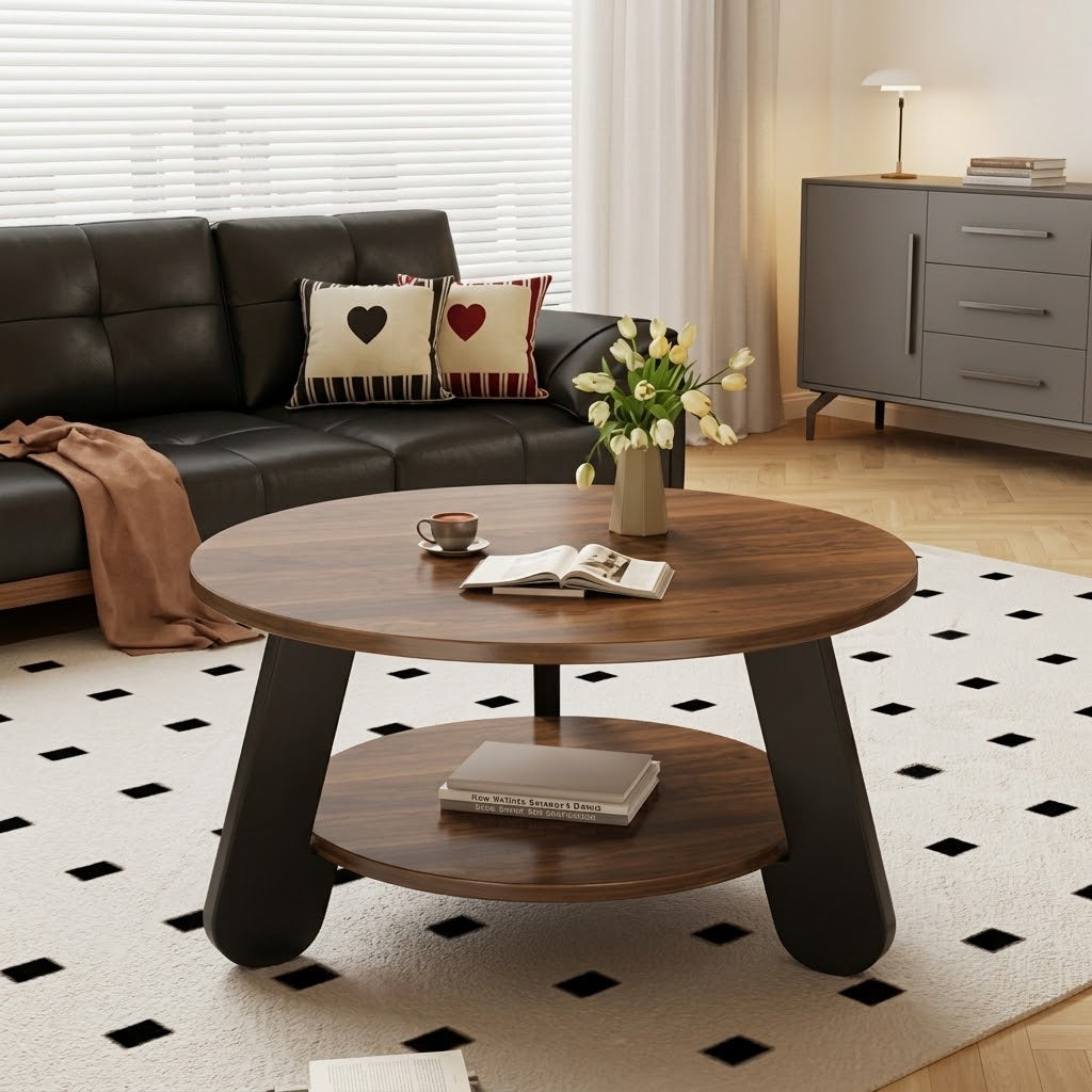 Brown round coffee table with a lower shelf, placed on a patterned rug in front of a black sofa.