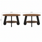 Front and side dimension diagram of the brown round coffee table with a lower shelf.