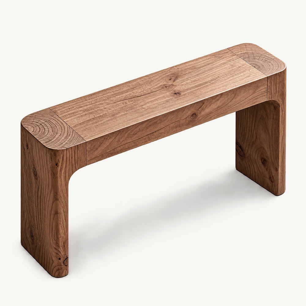 Brown wood-grain console table with rounded corners, a narrow top and broad side supports.