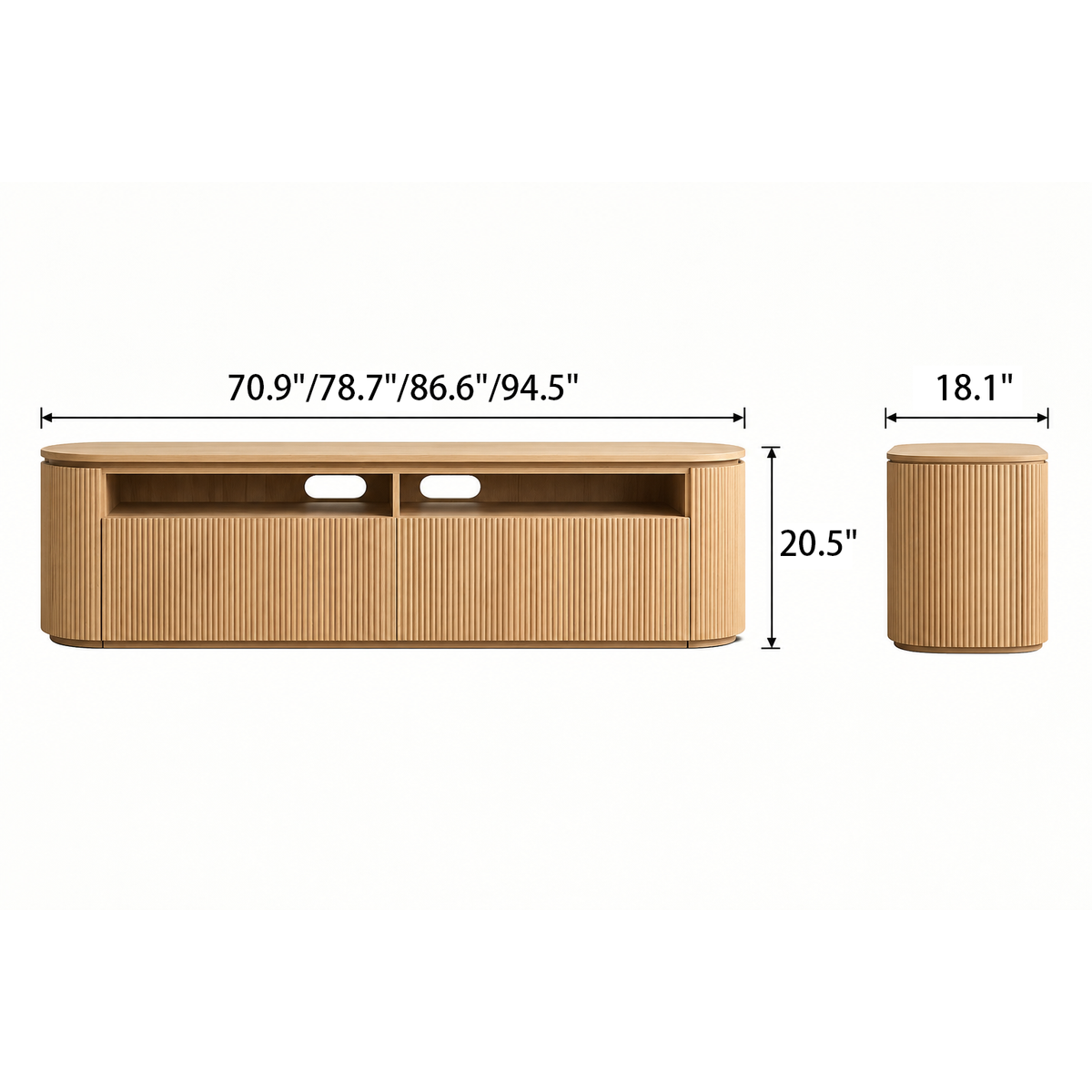 Front and side dimension diagram for the rounded ribbed TV stand, showing four width options, depth and height.