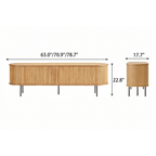 Front and side dimension diagram of the rounded slatted-door TV stand.