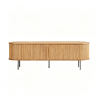 Light wood-tone TV stand with rounded ends, slatted doors and slender dark legs on a white background.