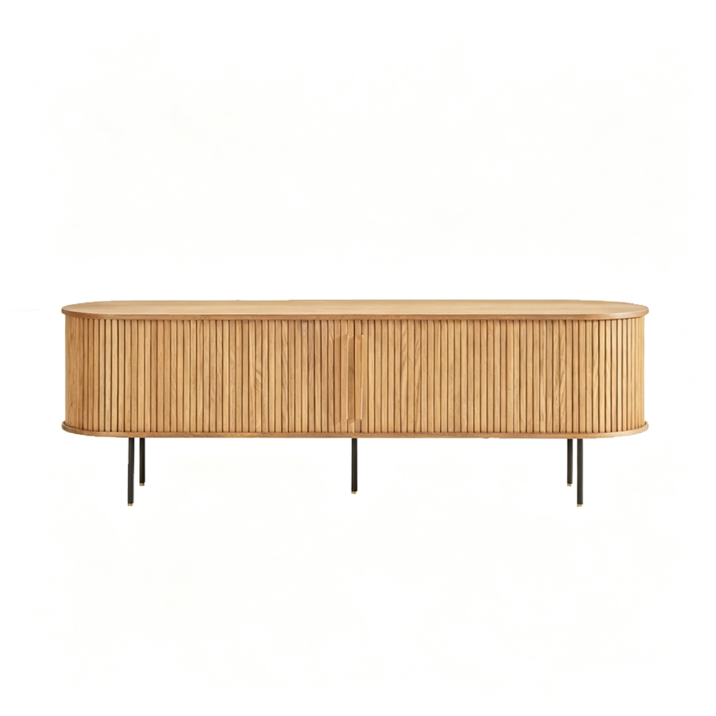 Light wood-tone TV stand with rounded ends, slatted doors and slender dark legs on a white background.