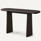Dark wood-tone console table with an elongated rounded top and two tapered slab legs.