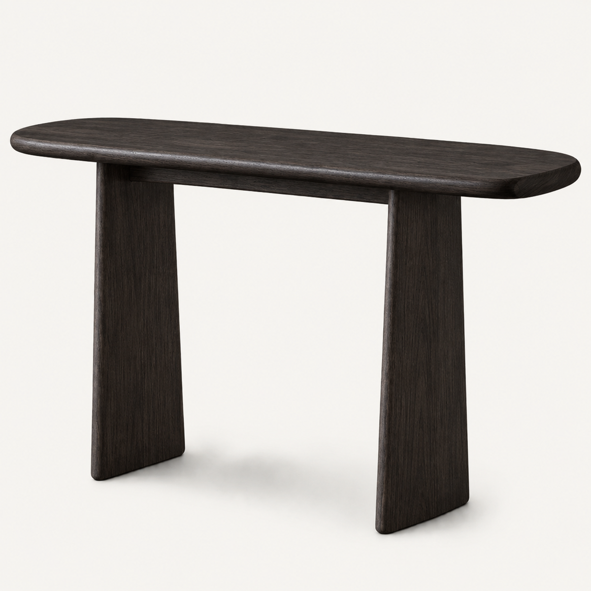 Dark wood-tone console table with an elongated rounded top and two tapered slab legs.