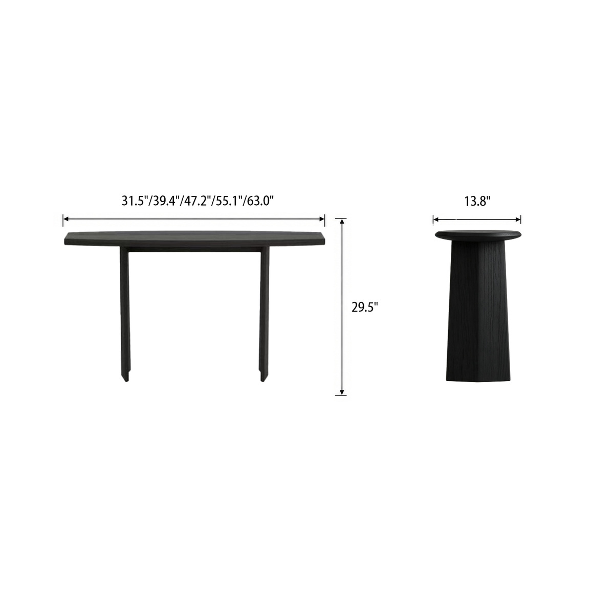 Front and side dimension diagram of the rounded-top console table with panel legs.
