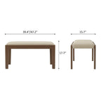 Front and end dimension diagram of the cream upholstered bench with a brown frame.