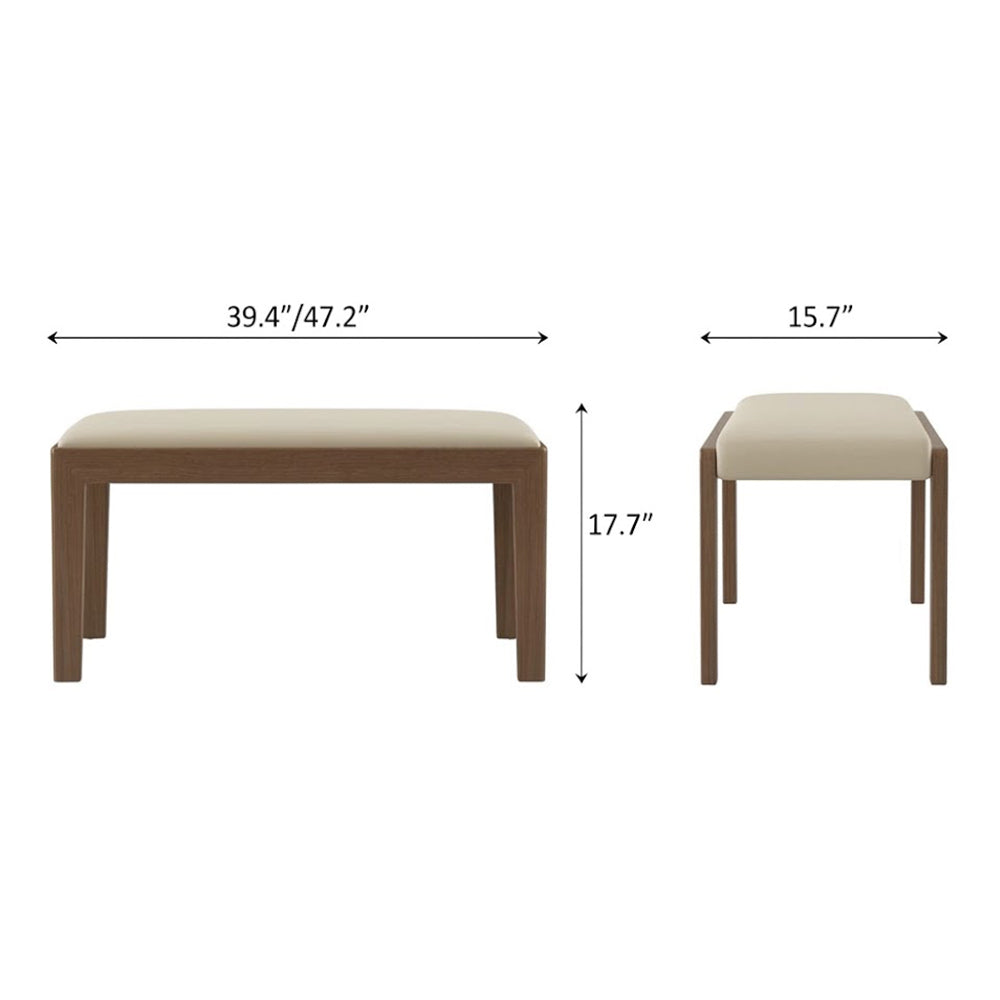 Front and end dimension diagram of the cream upholstered bench with a brown frame.