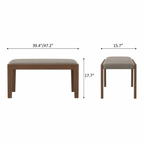 Front and end dimension diagram of the taupe upholstered bench with a brown frame.
