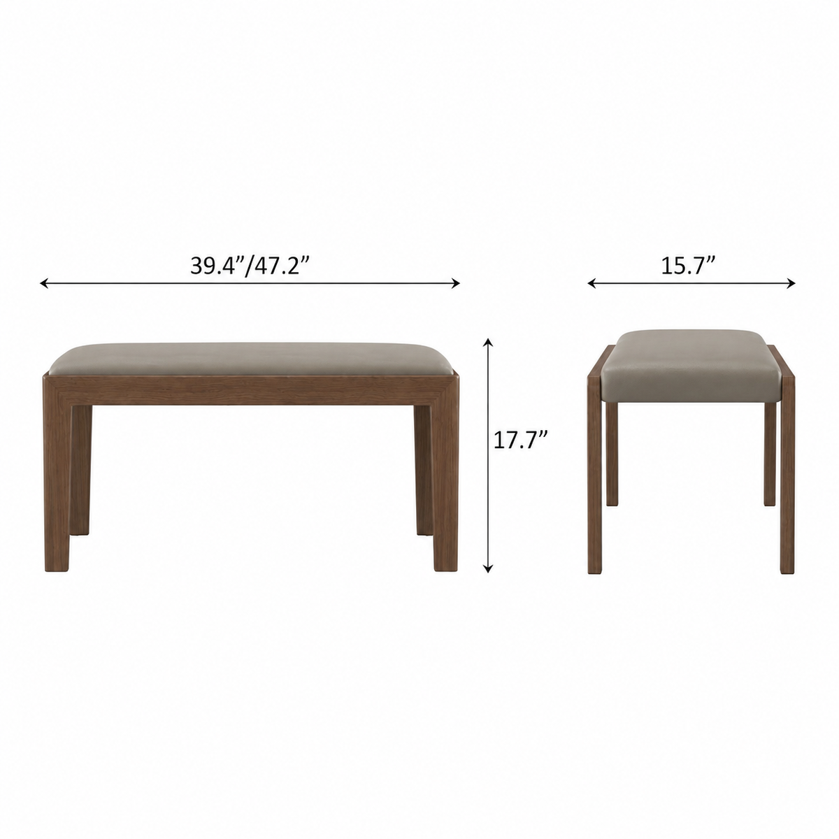 Front and end dimension diagram of the taupe upholstered bench with a brown frame.