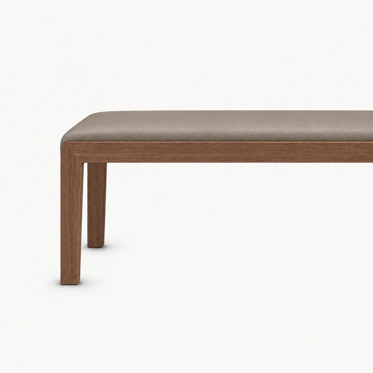 Front detail of the taupe bench cushion, brown apron and straight legs.