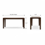 Front and end dimension diagram of the long brown bench with four slim legs.