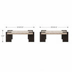Dimension diagram of the square coffee table with a light speckled top and dark brown block legs.
